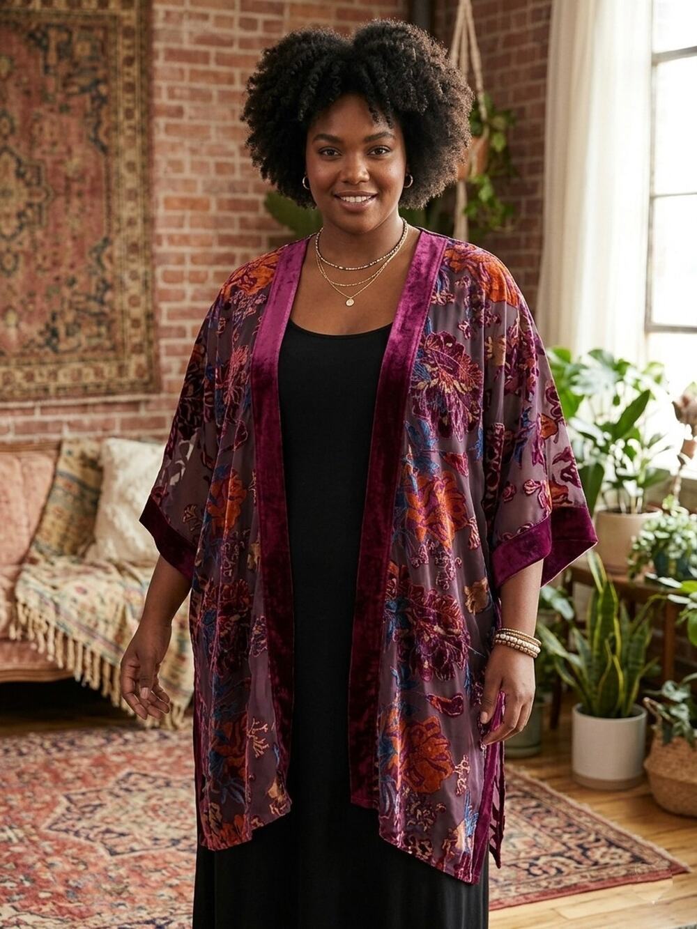 NWT Torrid Women's Burnout Chiffon Velvet Burgundy Kimono Cardigan Cover Size 2